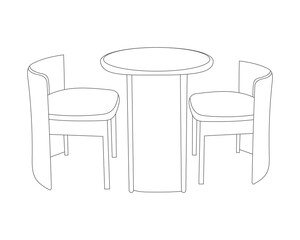 Line art of modern Wooden chairs with table dining set with white background, hand drawing