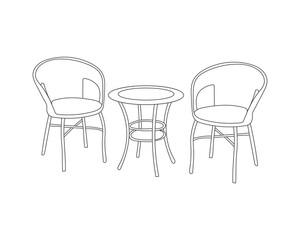 Restaurant furniture hand drawn outline, modern Wooden chairs with dining table set with white background