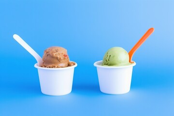 ice cream in a glass, ice creams of different flavors in paper cups on light blue background