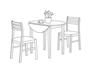 Restaurant furniture hand drawn outline, Wooden chairs with table dining set with white background