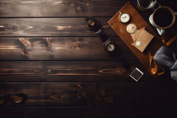 A wooden table with a bottle of wine and a watch on it.