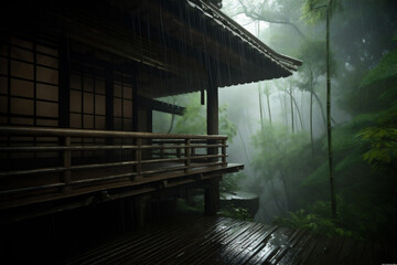 Chinese style bamboo house in the mountains and forests in the rain