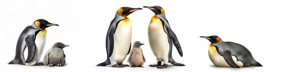 Wildlife zoo penguins antarctica animals banner panorama long -Collection standing, lying king penguin (aptenodytes patagonicus) family with baby, isolated on white background, Generative Ai