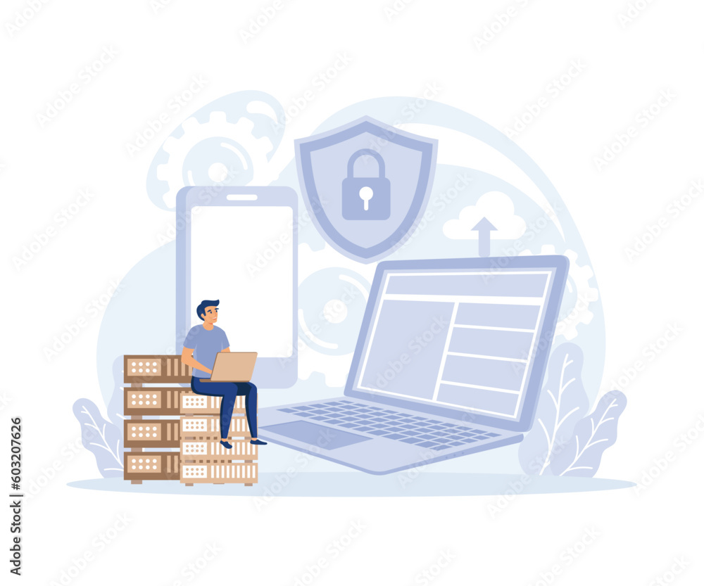Poster hacker attack concept, database security, phishing, hackers stealing personal data, flat vector mode