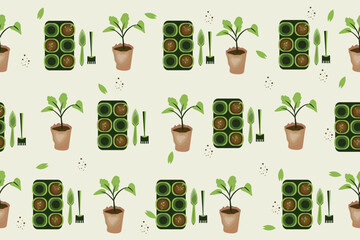 Plants with gardening accessories on light background. Pattern for design