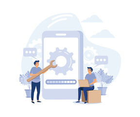 system maintenance, update program and application, technology, engineer, error, fixing a trouble, device updating, flat vector modern illustration