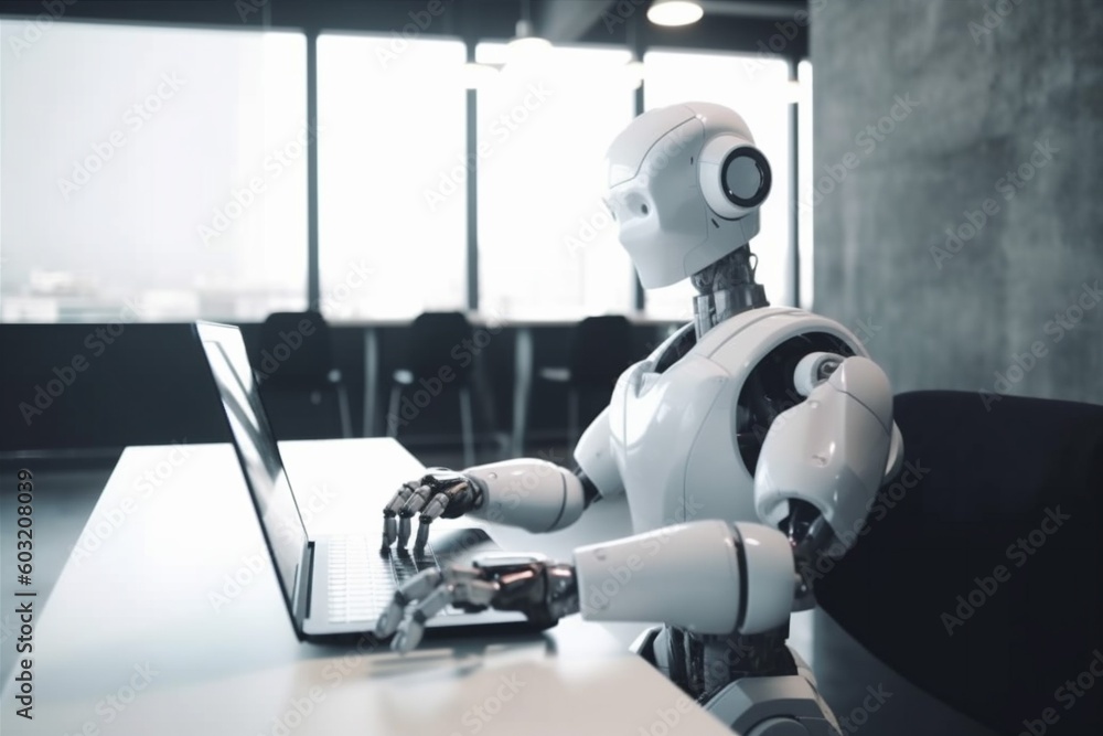 Poster document digital robot technology artificial paper office hand laptop ai. generative ai.