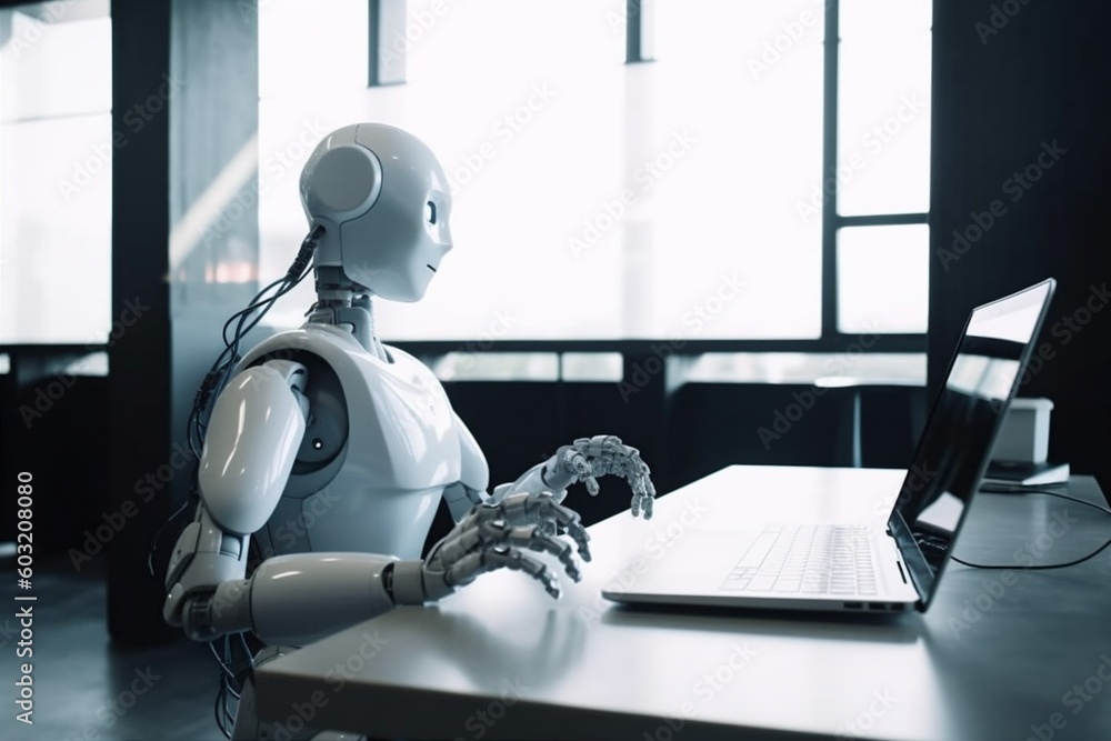 Poster robot office paper artificial technology document laptop hand ai digital. generative ai.