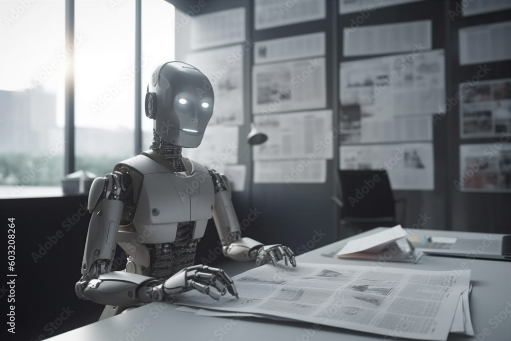 Poster digital document paper technology ai office robot artificial laptop hand. generative ai.