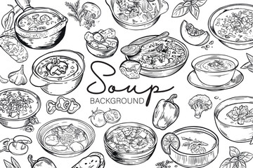 Banner with different tasty soups on white background