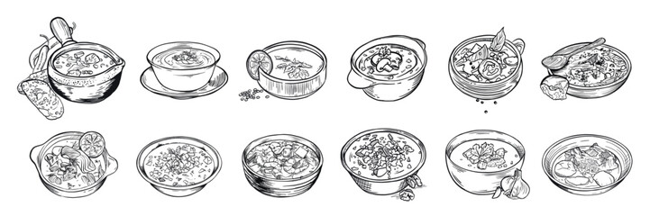 Set of different tasty soups on white background