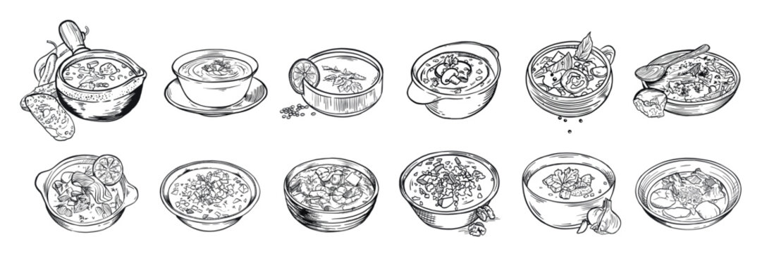 Set of different tasty soups on white background