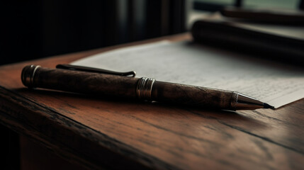 Fototapeta premium Pens to write old, vintage, period. Pens with manuscripts on top of an old table. Image generated by AI.