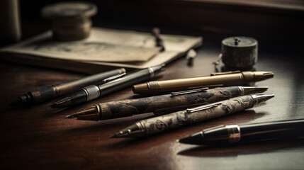 Naklejka premium Pens to write old, vintage, period. Pens with manuscripts on top of an old table. Image generated by AI.