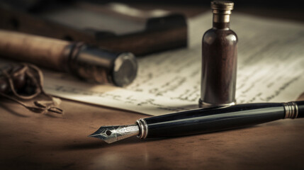 Pens to write old, vintage, period. Pens with manuscripts on top of an old table. Image generated by AI. - obrazy, fototapety, plakaty