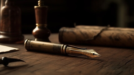 Naklejka premium Pens to write old, vintage, period. Pens with manuscripts on top of an old table. Image generated by AI.