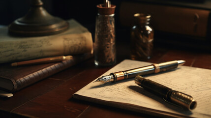 Pens to write old, vintage, period. Pens with manuscripts on top of an old table. Image generated by AI. - obrazy, fototapety, plakaty