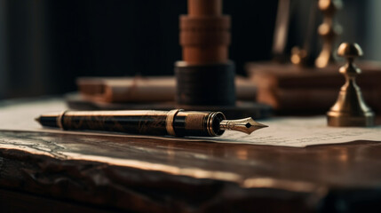 Obraz na płótnie Canvas Pens to write old, vintage, period. Pens with manuscripts on top of an old table. Image generated by AI.