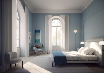 clean and comfortable blue and white tone bedroom interior