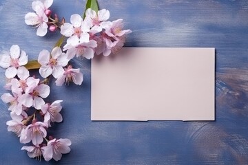 Blooming Beauty. Greeting Card and Floral Spring on blue Wooden Background. Generative AI illustrations.