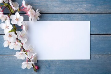 Blooming Beauty. Greeting Card and Floral Spring on blue Wooden Background. Generative AI illustrations.