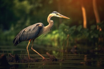 Portrait of stork in forest lake AI Generative