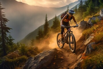 Fototapeta na wymiar Mountain biking woman riding on bike in summer mountains landscape created with Generative AI technology