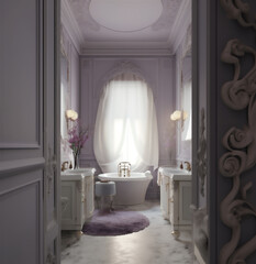 European style bathroom interior in comfortable pink and purple tones