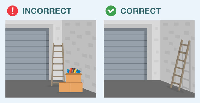 Garage Door Safety Tips And Rules. Correct And Incorrect Placement Of Household Items In Garage. Don't Leave Objects Close To Or Underneath Garage Door. Flat Vector Illustration Template.