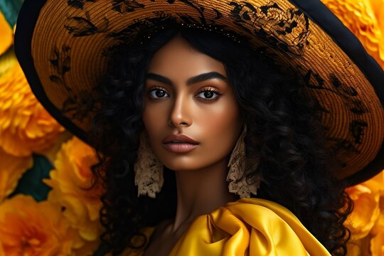 Colombian woman in a yellow hat and dress with a pattern on it created with Generative AI technology