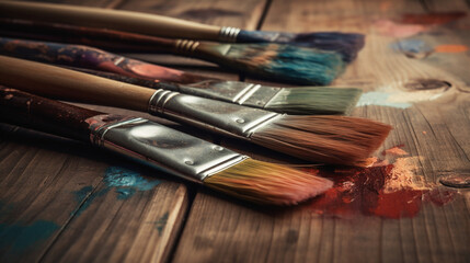 Obraz premium Brushes with paint on a desk in a workshop. Color paints with brushes. Brushes with colored paints. Image generated by AI.