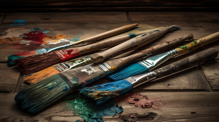 Obraz premium Brushes with paint on a desk in a workshop. Color paints with brushes. Brushes with colored paints. Image generated by AI.