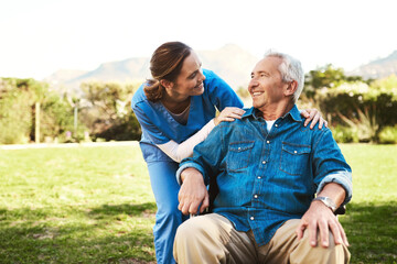 Senior man, nurse and wheelchair for life insurance, healthcare support or garden at nursing home....
