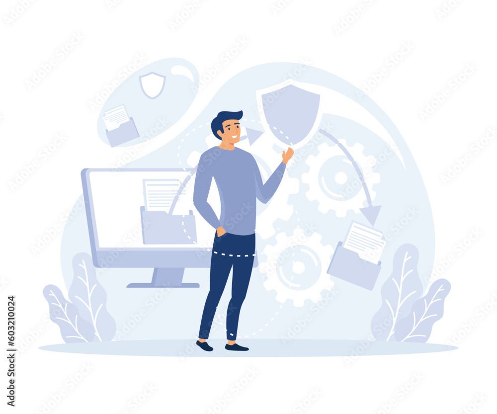 Poster cloud document access and sharing service, shared document, security, electronic signature. flat vec