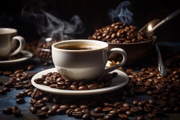 breakfast mug brown cafe aroma morning drink espresso cup bean. Generative AI.