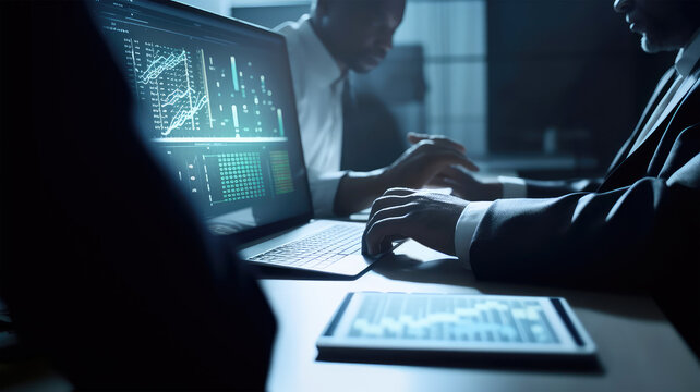 Closeup View of Middle Age African IT Programers Working on Computers with Coworker In Dark Office Room. Generative AI Illustration.