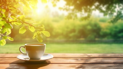 cup of tea on old wooden table and tree and sunny garden blurr background
