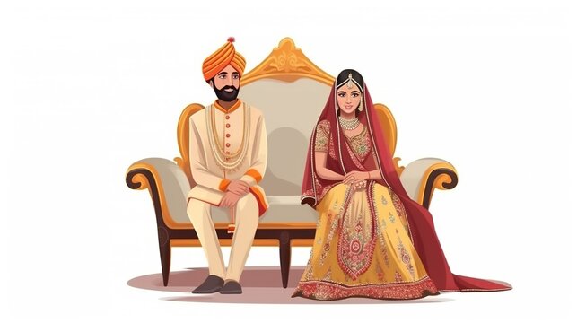 cartoon of indian wedding couple sitting on sofa