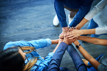 Top view, business and group with hands together, support and collaboration with teamwork, partnership and goals. Staff, team and coworkers with brainstorming, target and innovation with cooperation - obrazy, fototapety, plakaty