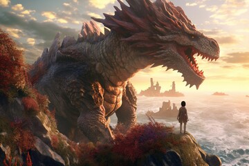 Digital art of a person standing on a hill beside a dragon AI Generative