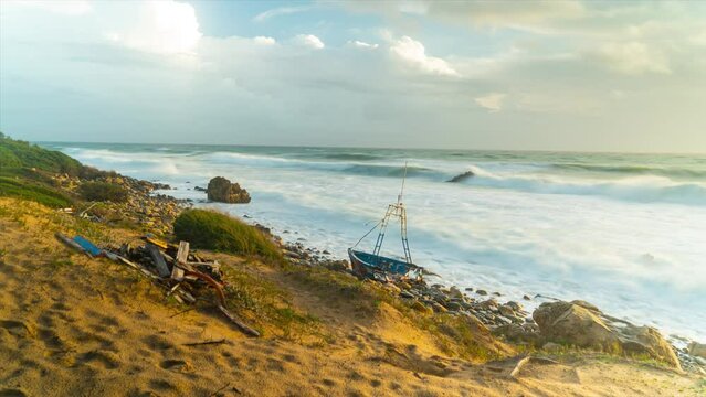 Fluffy stormy clouds flowing towards coastline of Spain, time lapse view