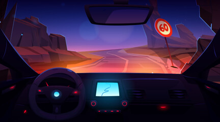 Night rocky mountain road car drive inside view vector illustration. Speed sign on highway for driver. Cockpit interior with navigation screen interface, windshield and mirror. Dark pathway adventure