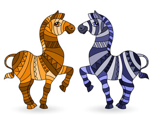 Set of elements in a stained glass style with abstract zebras,animals isolated on a white background, tone brown and blue