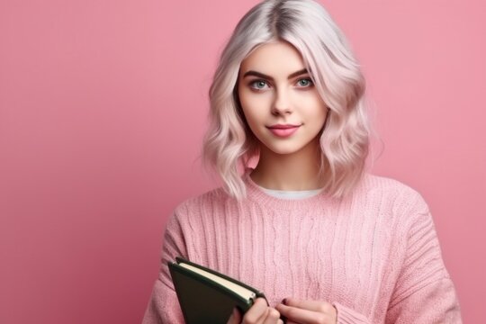 Portrait a beautiful woman wearing pink clothes with book AI Generative