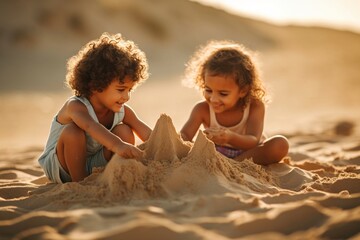 Portrait children playing sand castles on the beach AI Generative