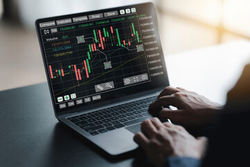 Obraz na płótnie Canvas Businessman touch graph screen,financial analysis and statistics, trade stock market hologram.