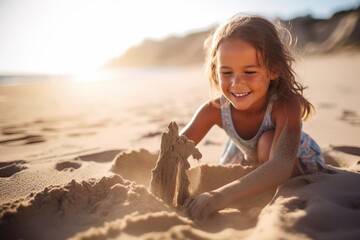 Portrait children playing sand castles on the beach AI Generative