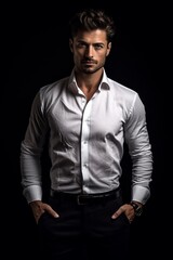 Fototapeta premium Portrait a cool man on the black background AI Generative