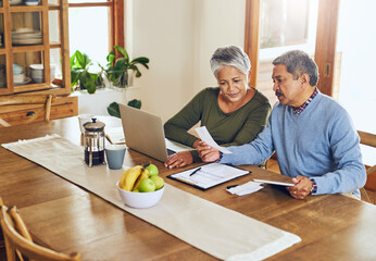 Finance, laptop and senior couple with bills, paperwork and receipt documents for life insurance....