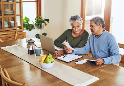 Finance, laptop and senior couple with bills, paperwork and receipt documents for life insurance. Retirement, fintech and elderly man and woman on computer for mortgage payment, investment and budget